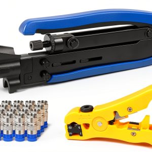 RG6 Compression Tool Coax Cable Crimper Kit RG6 RG11 RG59 F81 with 20PCS F Compression Connectors - BlueYellow-0